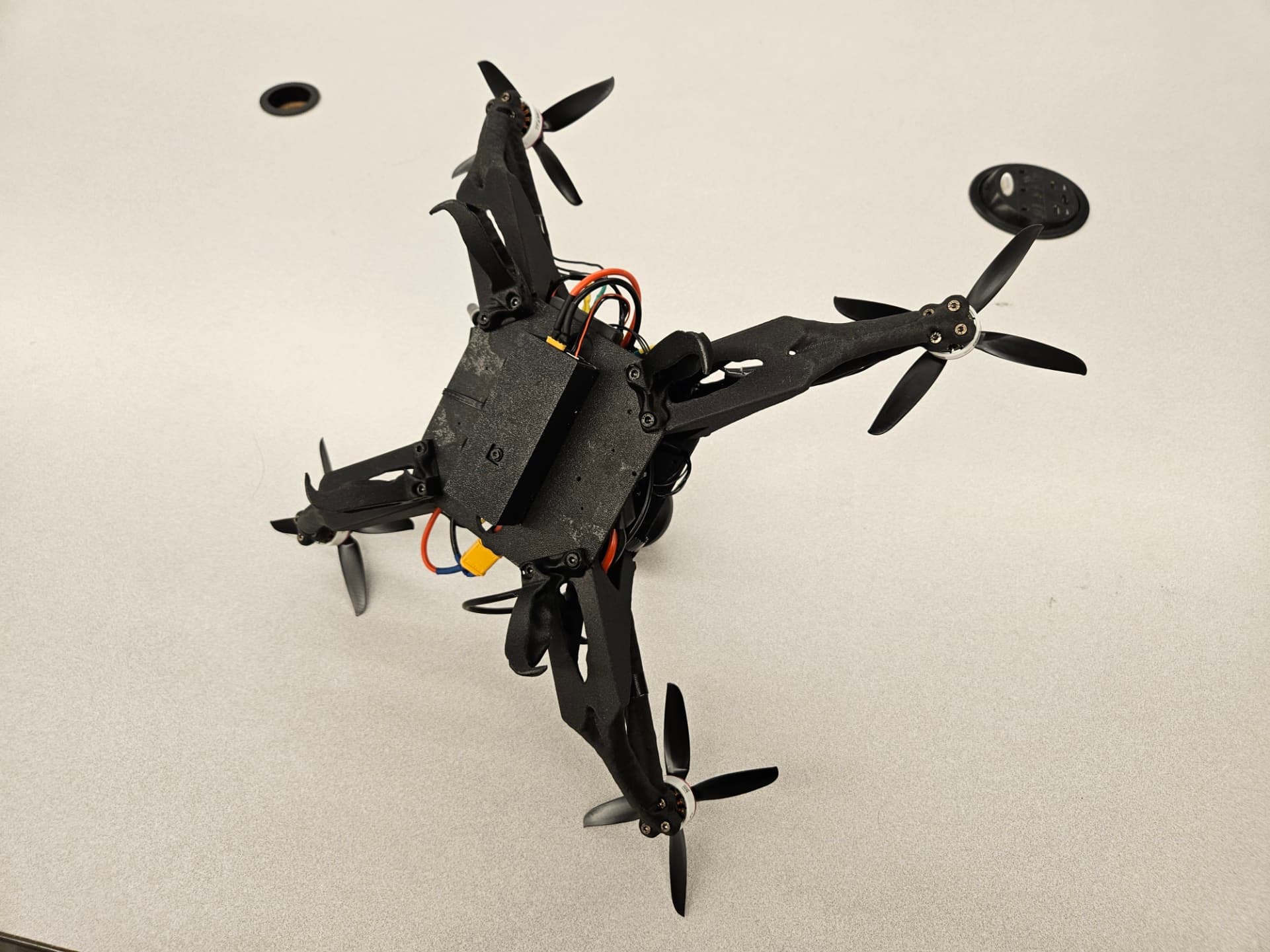 Bottom view of drone frame and electronics assembly