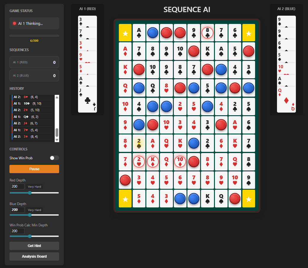 Sequence AI interface showing the board and controls