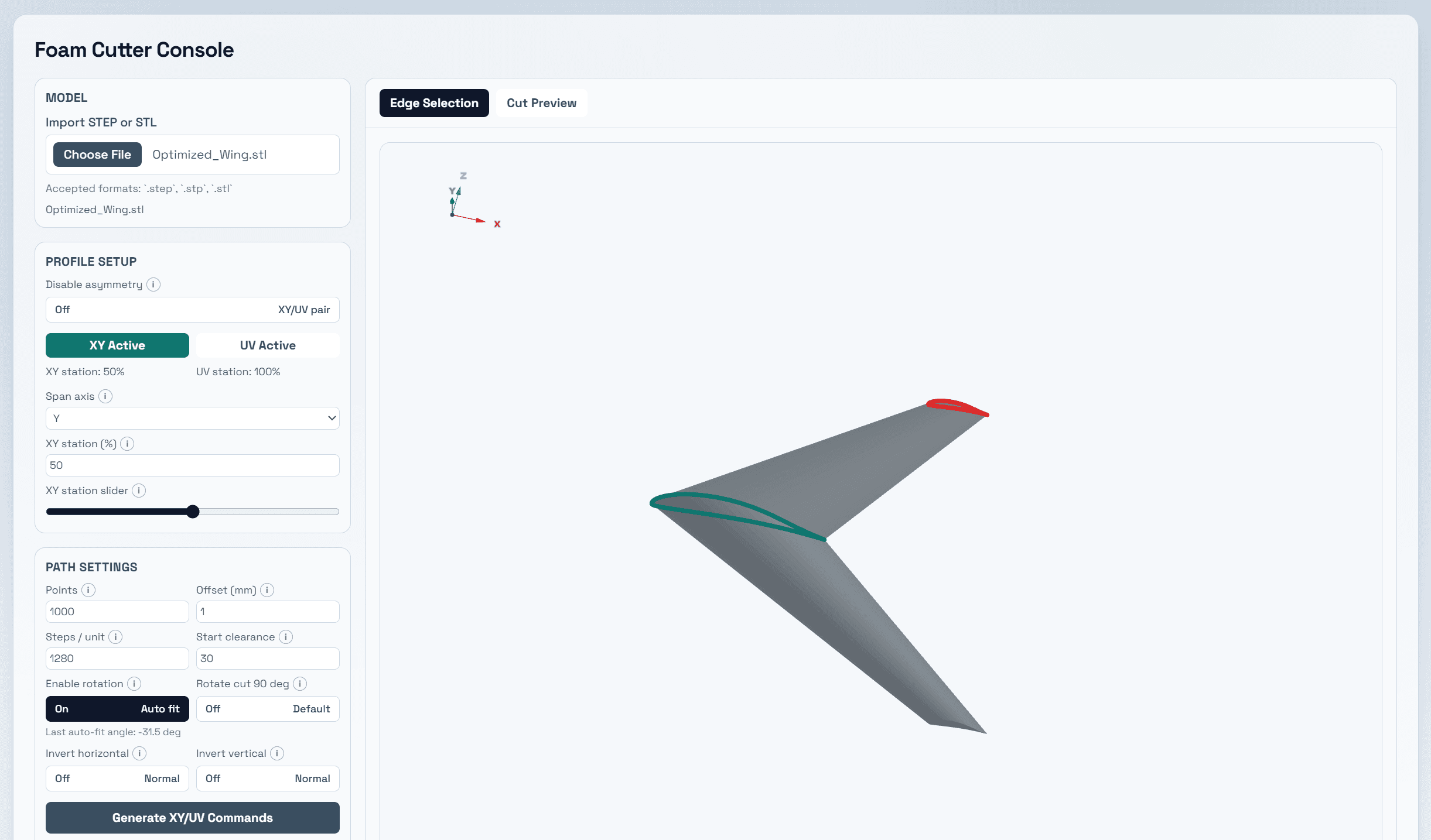 Foam cutter UI model view