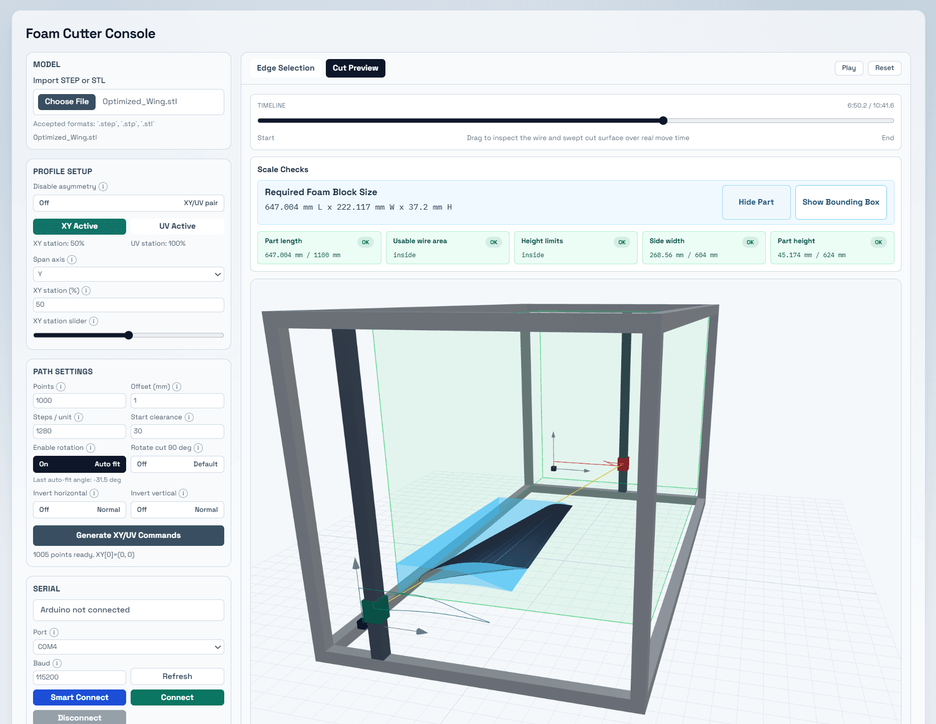 Foam cutter control console and 3D preview