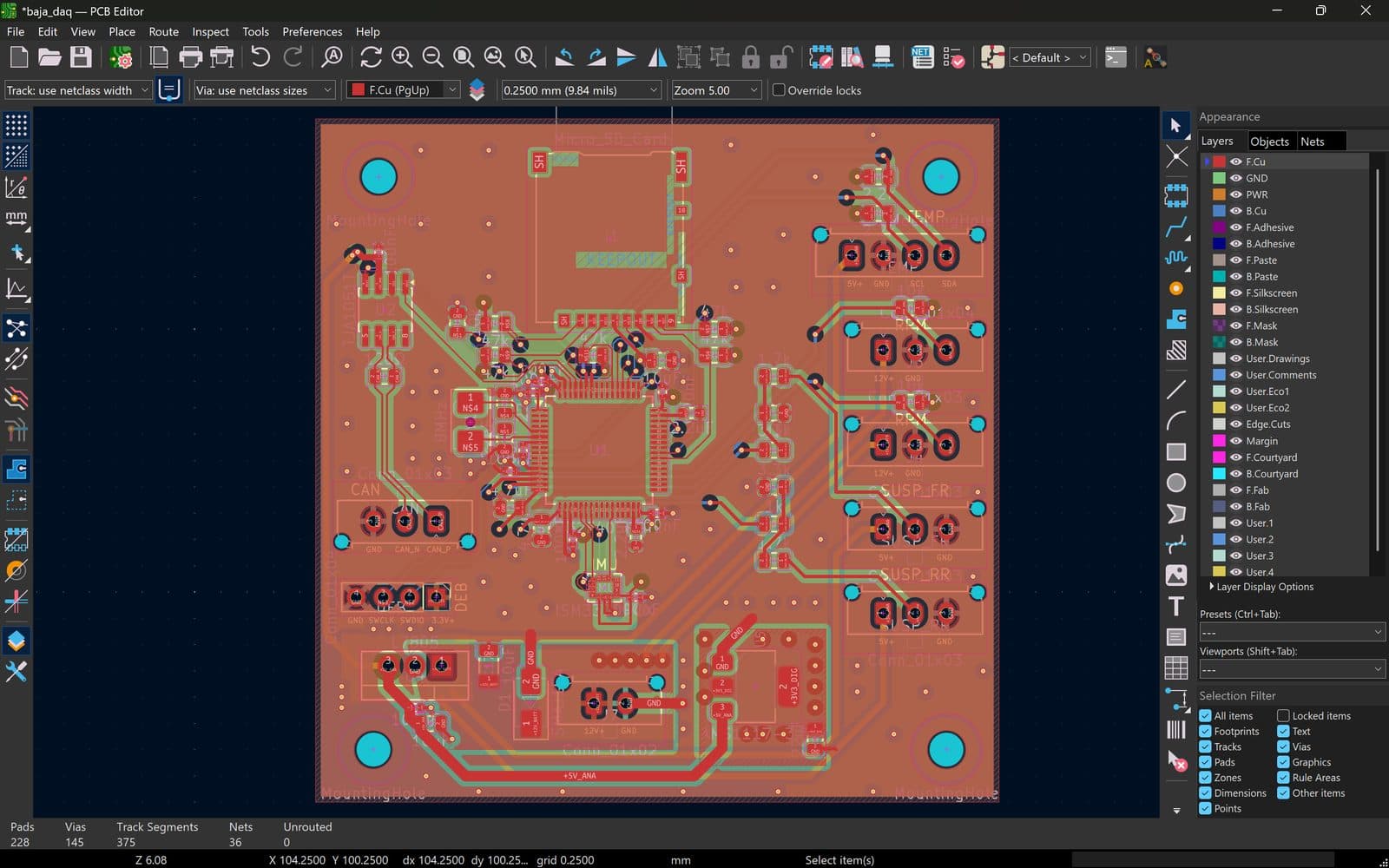 KiCad PCB layout for the Baja SAE data acquisition board