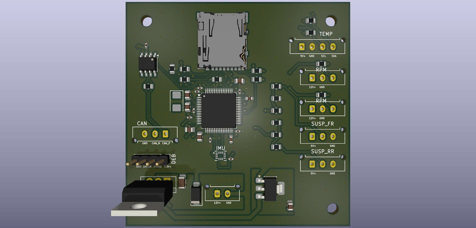 Rendered Baja SAE data acquisition PCB with STM32, CAN, sensor inputs, and SD card slot